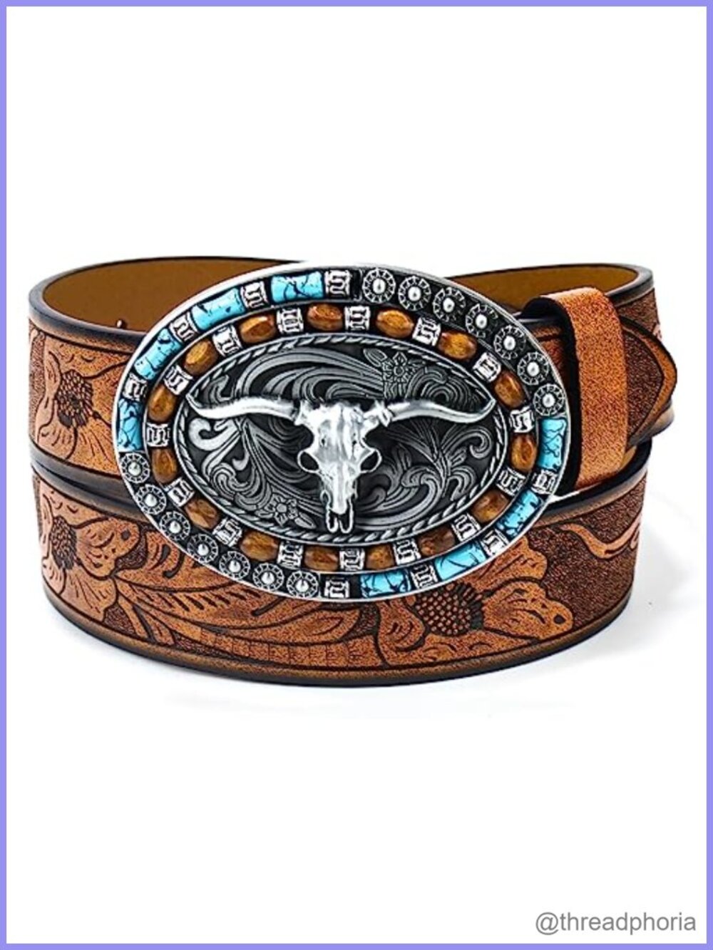 Women's Leather Western Belt Turquoise Oval Buckle Embossed Floral Cowgirl